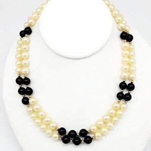 Vtg Glass Faux Pearl Black Beaded Necklace 14/20 Gold Filled Clasp Double Strand